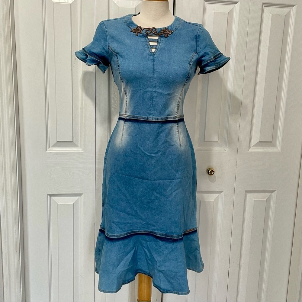 NWT Joyaly Demin Acid Wash Bombshell Dress Size 38. - Picture 2 of 15